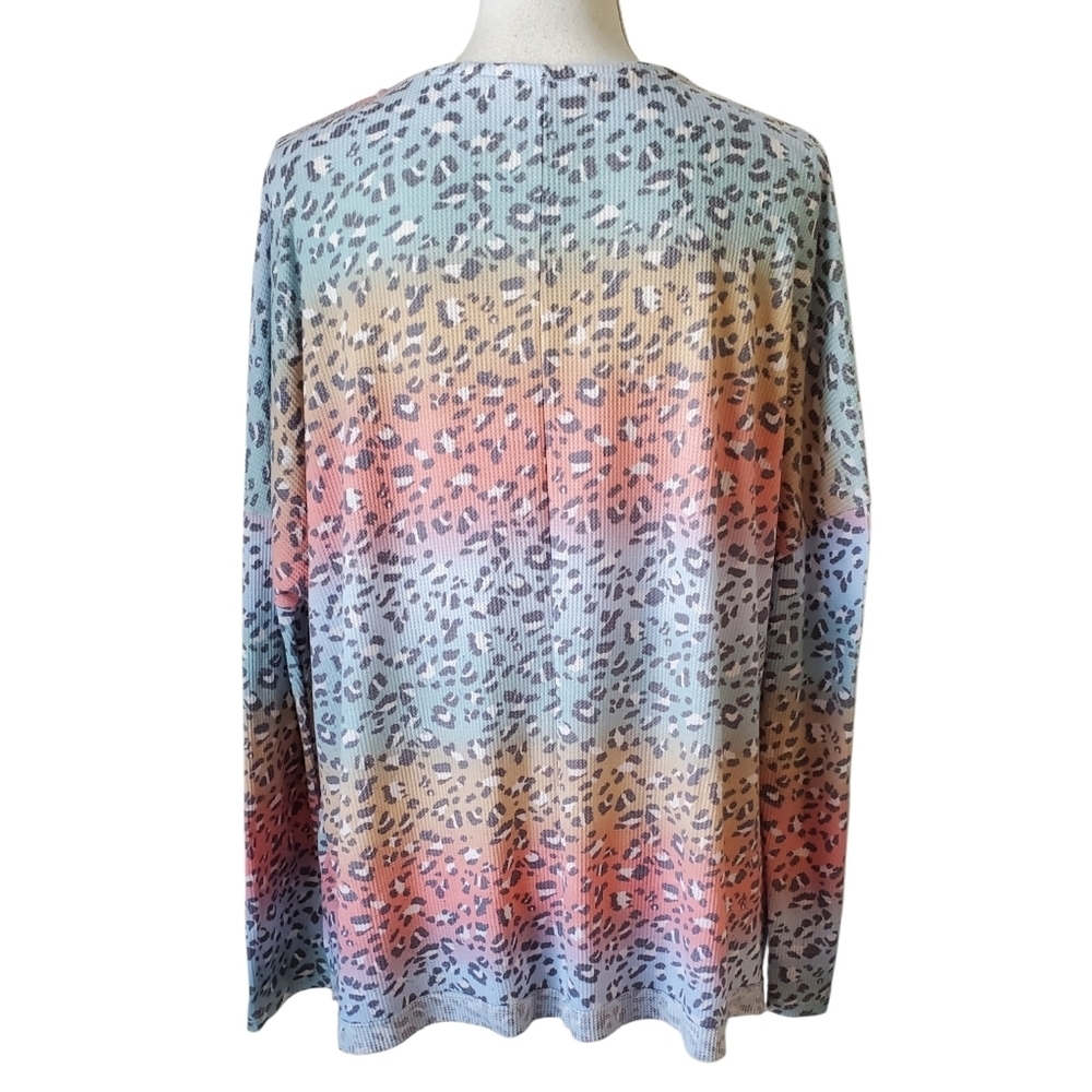 Lovely J Multicolor Pastel Leopard Print Knit Top V-Neck Long Sleeve Size M - Picture 3 of 7